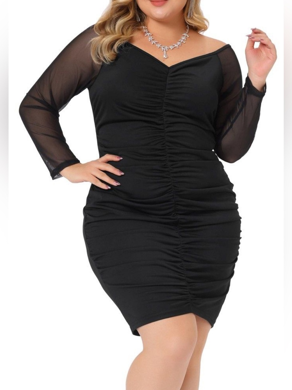 Plus Size Ruched Sheer Sleeve Bodycon Dress • NWT • 24"-26" p2p, 38" length